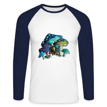 Crâne aux champignons. Crâne et champignons - T-shirt baseball manches longues Homme - blanc/marine - Devant - Nik (191cm)