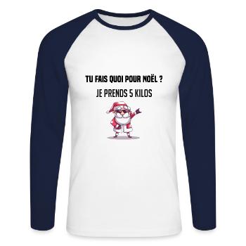 tu fais quoi pour noêl ? je prend 5 kilos cadeau - T-shirt baseball manches longues Homme - blanc/marine - Devant - Nik (191cm)