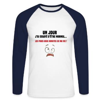 un jour j'ai essayé d'être normal cadeau humour - T-shirt baseball manches longues Homme - blanc/marine - Devant - Nik (191cm)