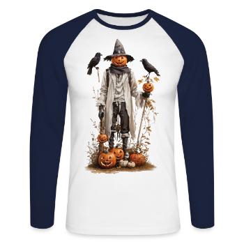 Halloween Vintage épouvantail citrouille - T-shirt baseball manches longues Homme - blanc/marine - Devant - Nik (191cm)