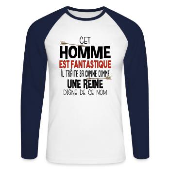 Homme Fantastique Reine Couple Cadeau Amour Humour - T-shirt baseball manches longues Homme - blanc/marine - Devant - Nik (191cm)
