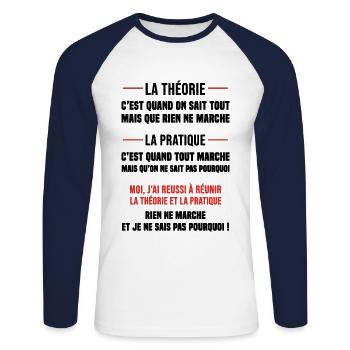 la théorie c est quand on sait tout cadeau humour - T-shirt baseball manches longues Homme - blanc/marine - Devant - Nik (191cm)