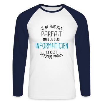 Pas parfait mais informaticien - T-shirt baseball manches longues Homme - blanc/marine - Devant - Nik (191cm)