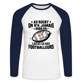 Cadeau humour pour joueur de rugby - T-shirt baseball manches longues Homme - blanc/marine - Devant - Nik (191cm)