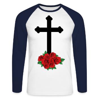 Roses Mourning Death Cross Funeral Beyond Grave - Unisex Long Sleeve Baseball T-Shirt - white/navy - Front - Nik (191cm)