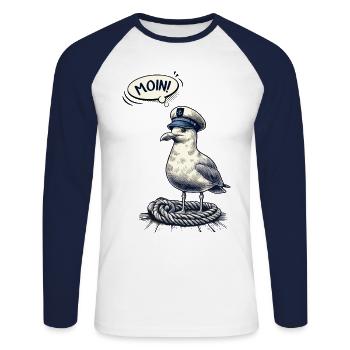 coole Möwe mit Kapitänsmütze Moin - Unisex Baseballshirt langarm - Weiß/Navy - Vorne - Nik (191cm)