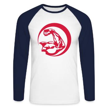 logo bodybuilding bodybuilder bras muscle 0 - T-shirt baseball manches longues Homme - blanc/marine - Devant - Nik (191cm)