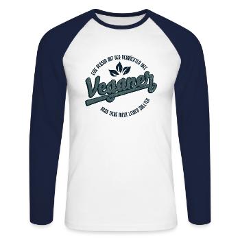 Une personne avec le cadeau idée folle - T-shirt baseball manches longues Homme - blanc/marine - Devant - Nik (191cm)