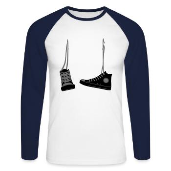 Hanging shoes - Unisex Long Sleeve Baseball T-Shirt - white/navy - Front - Nik (191cm)