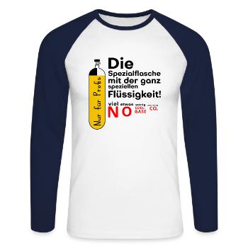 Spezialflasche mit der ganz speziellen Flüssigkeit - Unisex Baseballshirt langarm - Weiß/Navy - Vorne - Nik (191cm)