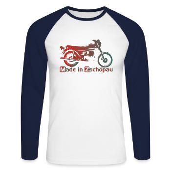 MZ ETZ250 Made in Zschopa - Unisex Baseballshirt langarm - Weiß/Navy - Vorne - Nik (191cm)