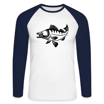 LetzterWurf Zander Angeln - Unisex Baseballshirt langarm - Weiß/Navy - Vorne - Nik (191cm)