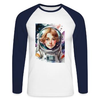 Astronaute - T-shirt baseball manches longues Homme - blanc/marine - Devant - Nik (191cm)