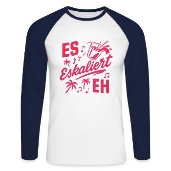 Mallorca Party Spruch Es Eskaliert Eh Malle - Unisex Baseballshirt langarm - Weiß/Navy - Vorne - Nik (191cm)