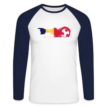 Feuerfußball Romania - Unisex Baseballshirt langarm - Weiß/Navy - Vorne - Nik (191cm)