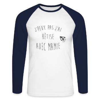 j'peux pas j ai bêtise avec mamie avion - T-shirt baseball manches longues Homme - blanc/marine - Devant - Nik (191cm)