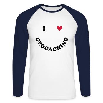 Geocaching - Unisex Baseballshirt langarm - Weiß/Navy - Vorne - Nik (191cm)