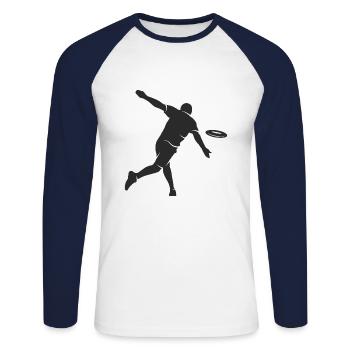 Discgolf Spieler Silhouette Disc Golf Discgolfer - Unisex Baseballshirt langarm - Weiß/Navy - Vorne - Nik (191cm)