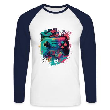 Console rétro - T-shirt baseball manches longues Homme - blanc/marine - Devant - Nik (191cm)