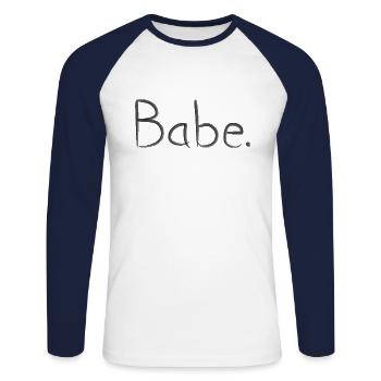 BABE - Unisex Long Sleeve Baseball T-Shirt - white/navy - Front - Nik (191cm)