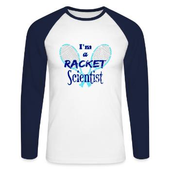Tennis T-Shirt Racket Scientist Blue - Unisex Baseballshirt langarm - Weiß/Navy - Vorne - Nik (191cm)