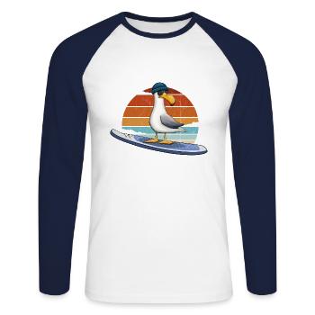 Rétro plage Surfeurs Oiseau Stand Up Paddle SUP Mouette - T-shirt baseball manches longues Homme - blanc/marine - Devant - Nik (191cm)