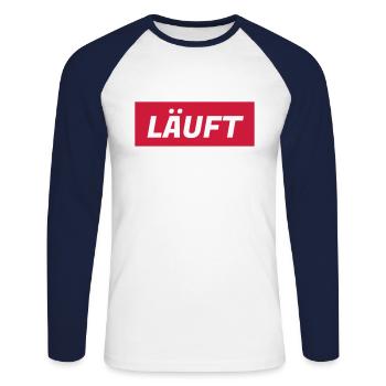 Runs! Runs! Rolls! Cours avec moi! - T-shirt baseball manches longues Homme - blanc/marine - Devant - Nik (191cm)