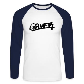 Gamer - Unisex Baseballshirt langarm - Weiß/Navy - Vorne - Nik (191cm)
