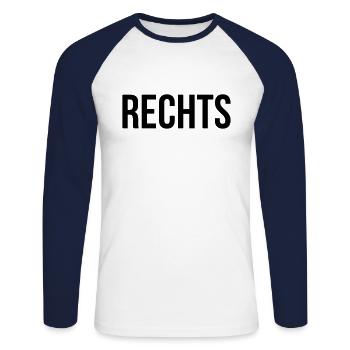 Rechts - Unisex Baseballshirt langarm - Weiß/Navy - Vorne - Nik (191cm)