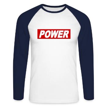 POWER cool saying Obey sign gift idea - Unisex Long Sleeve Baseball T-Shirt - white/navy - Front - Nik (191cm)