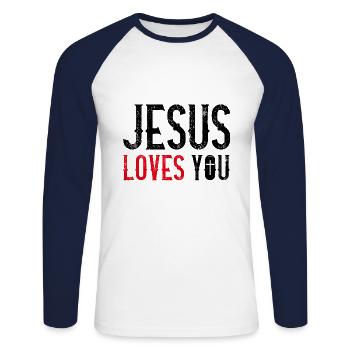 Jésus t'aime - T-shirt baseball manches longues Homme - blanc/marine - Devant - Nik (191cm)