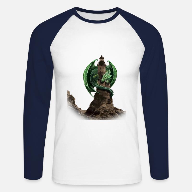 Drachen Leuchtturm von Custom - Unisex Baseballshirt langarm - Weiß/Navy