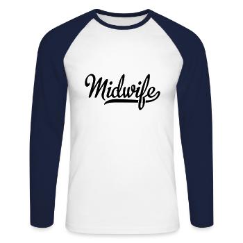 midwife - Unisex Long Sleeve Baseball T-Shirt - white/navy - Front - Nik (191cm)
