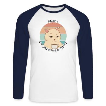 Tested Positive On Being Sarcastic Cat - Unisex Long Sleeve Baseball T-Shirt - white/navy - Front - Nik (191cm)