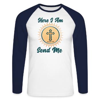 Here I Am Send Me Isaiah 6 8 Bible Teacher - Unisex Long Sleeve Baseball T-Shirt - white/navy - Front - Nik (191cm)