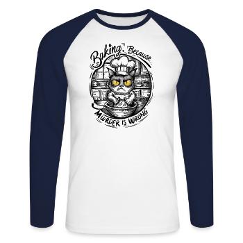 Funny Cat Baking Because Murder Is Wrong - Unisex Long Sleeve Baseball T-Shirt - white/navy - Front - Nik (191cm)
