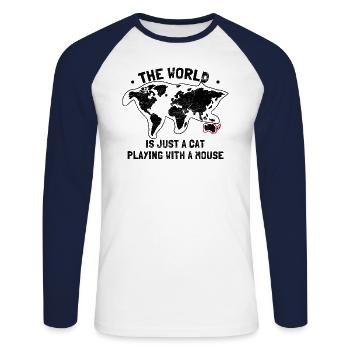 Chat disant humour drôle Le monde n’est qu’un chat - T-shirt baseball manches longues Homme - blanc/marine - Devant - Nik (191cm)