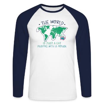Chat Propriétaire Humour Drôle Le monde n’est qu’un chat - T-shirt baseball manches longues Homme - blanc/marine - Devant - Nik (191cm)