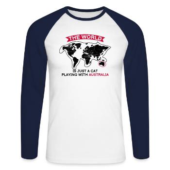 Chat disant humour drôle Le monde n’est qu’un chat - T-shirt baseball manches longues Homme - blanc/marine - Devant - Nik (191cm)