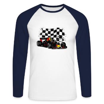 Racecar - Racing car - Racing flag - Unisex Baseballshirt langarm - Weiß/Navy - Vorne - Nik (191cm)