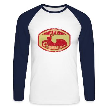 Simsom Schwalbe - VEB DEKORATIEF Vintage Logo DDR - Unisex Baseballshirt langarm - Weiß/Navy - Vorne - Nik (191cm)