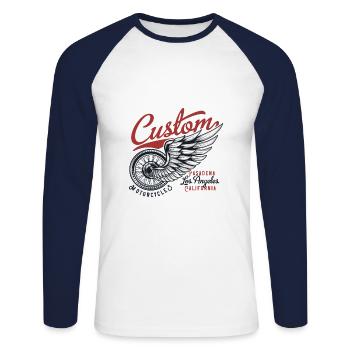 Moto Chopper Biker, Los Angeles Californie - T-shirt baseball manches longues Homme - blanc/marine - Devant - Nik (191cm)