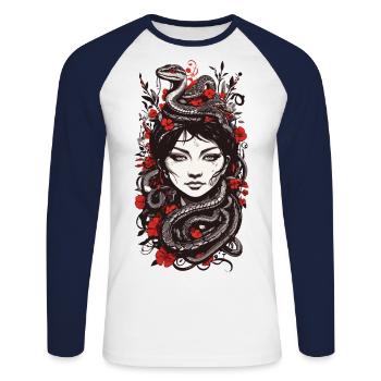 Japanische Tattoo Lady und Schlangen Vintage - Unisex Baseballshirt langarm - Weiß/Navy - Vorne - Nik (191cm)
