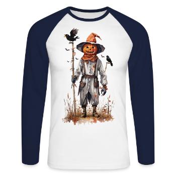 Halloween Vogelscheuche Kürbis Goblincore Ästhetik - Unisex Baseballshirt langarm - Weiß/Navy - Vorne - Nik (191cm)