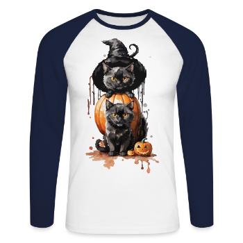 Sorcières chat gobelin Halloween Art Design - T-shirt baseball manches longues Homme - blanc/marine - Devant - Nik (191cm)