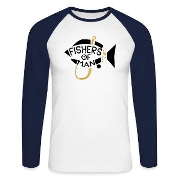 Pêcheurs d'homme / pêcheur humain / Jésus - poisson - T-shirt baseball manches longues Homme - blanc/marine - Devant - Nik (191cm)