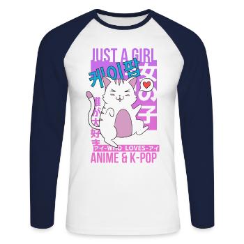 Just A Girl Who Loves Anime and K pop cat - Unisex Baseballshirt langarm - Weiß/Navy - Vorne - Nik (191cm)