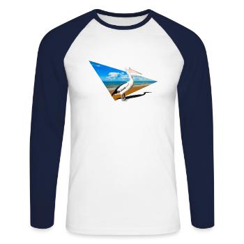 Pélican sur la plage avec une forme dynamique - T-shirt baseball manches longues Homme - blanc/marine - Devant - Nik (191cm)