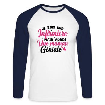Je suis une infirmière et une maman géniale - T-shirt baseball manches longues Homme - blanc/marine - Devant - Nik (191cm)