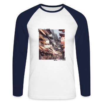 Japanese Streetwear Aesthetic - Unisex Long Sleeve Baseball T-Shirt - white/navy - Front - Nik (191cm)
